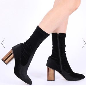 Velvet sock bootie with rose gold rounded heels